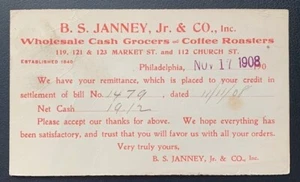 1908 #UX18 B.S.JANNEY, JR&CO.INC.GROCERS COFFEE ROASTERS PHILADELPHIA PA USED VF - Picture 1 of 2
