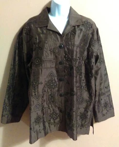 Chicos Design Womens Embroidered with Beads 100% Silk with Lining Brown Medium - Picture 1 of 9