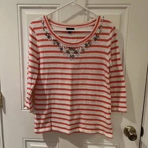 Talbots Top Shirt White & Orange 3/4 Sleeve Embellished Neckline Medium - Picture 1 of 4