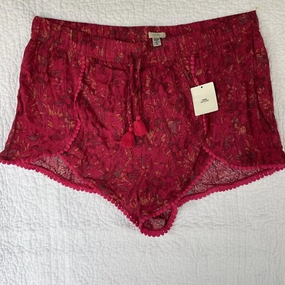 Urban Outfitters Ecote 人造丝红色勃艮第花卉竹印花短裤 L 码全新带标签 — 第 1/4 张图片