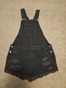 American Eagle Womens Overall shorts SZ XS Black Denim Distressed Shreds fringed - Picture 1 of 12