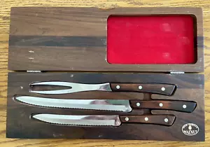 3 Piece Utica Tungsten Knife Set Walnut Storage Box 2 Carving Knives 1 Fork - Picture 1 of 6