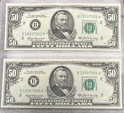 1969 New York B Note Sequential Set $50 Dollar Bill 50BL48,49 - Image 1 of 2