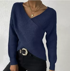 NEW Trendy Navy Wrap V-Neck Off Shoulder Sweater - SMALL - Picture 1 of 4