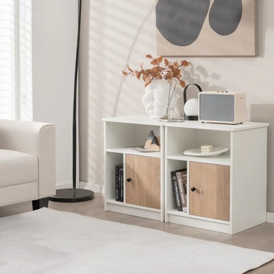 Mesitas de noche de madera premium de 2 piezas con estante de almacenamiento para dormitorio blanco Foto 1 de 4