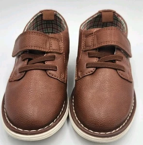 Cat & Jack Faux Brown Dress Leather Shoes Boys Size 9 Hook & Loop EUC - Picture 1 of 10