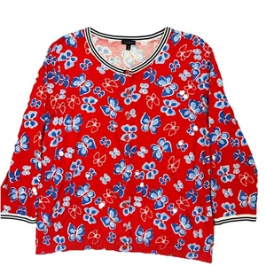 Talbots Red Blue Floral Butterfly Print Sweater Cardigan 3/4 Sleeves Womens XL - Picture 1 of 9