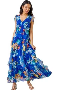 Roman Originals Maxi Dress Size 20 Frill Blue Chiffon Beach Holiday Wedding - Picture 1 of 7