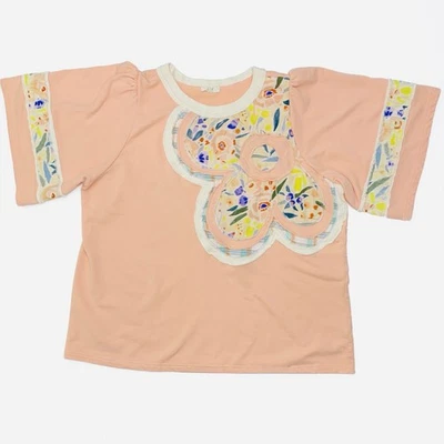 Easel Women Plus 1X Short Sleeve Terry Top Floral Patchwork Boho Puff Sleeves - Image 1 of 4