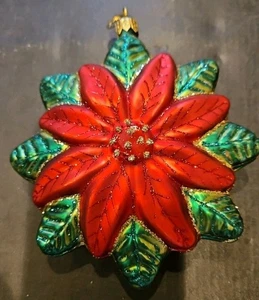Rarissimo ornamento in vetro Poinsettia con ciondolo albero di Natale in metallo. - Foto 1 di 3