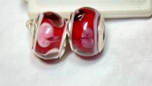 2 Persona Murano Glass Red with Hearts Charm Beads with Sterling Silver 925 Core