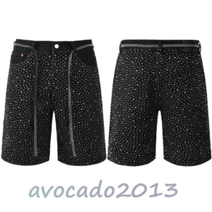NUEVO PE Para hombres Verano Estrás Correa Moda Lavado Negro Mujeres Pantalones Cortos de Denim - Imagen 1 de 11