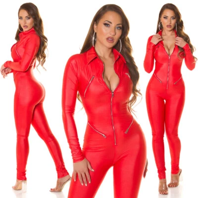 Koucla Overall Sexy Wetlook Catsuit Highcollar Damen Bodysuit Zips Rot L - Bild 1 von 4
