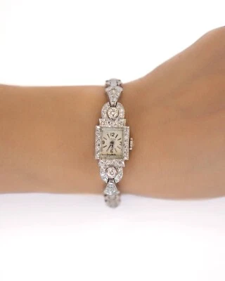 Женские винтажные часы Hamilton из белого золота 14 карат с бриллиантами - Изображение 1 из 4