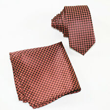 Men's Skinny Slim 2.25" Necktie & Pocket Square Hanky Plaids Checkers Rust Black