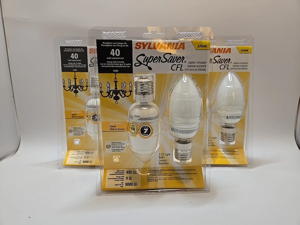 Sylvania Super Saver CFL Energy Effi 40W Soft White Medium Base Adapters New 3 - Image 1 of 4