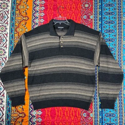 Suéter Vintage Jantzen XL Tejido a Rayas LS Negro y Beige Henley Cuello Botón Foto 1 de 4