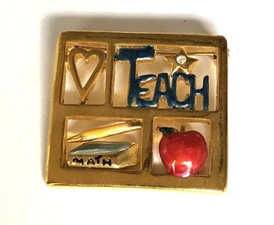 Pin Brooch Heart Love To Teach Apple Teacher Enamel Gold Tone Rhinestone Star - Picture 1 of 3