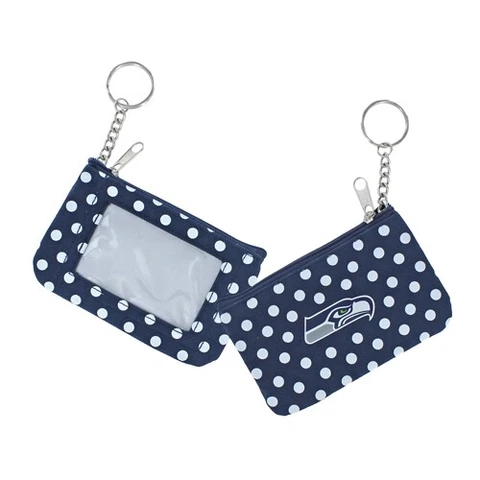 Seattle Seahawks Football Logo NFL Nylon Polka Dot Zippered Coin Purse Key Ring Cover