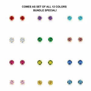 Set of 12! 14K Real Solid Gold Round CZ Birthstone Stud Earrings Push-back Studs - Picture 1 of 9