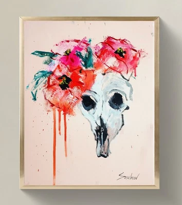 Expresiva pintura acrílica floral de calavera de animal sobre lienzo - arte original firmado Foto 1 de 4