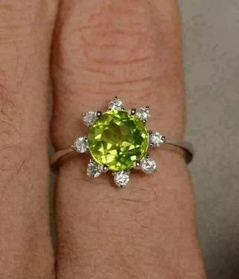 2 Ct Round Cut Simulated Green Peridot Engagement Ring 14K White Gold Plated - Image 1 of 3