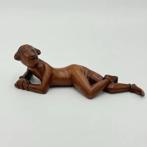 Antique Chinese Netsuke Wood Carved Women Posing Figurine Folk Art Hand Carved - Picture 1 of 11