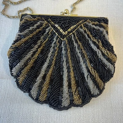 Vintage La Regale Beaded Clam Shell Multicolor Purse Mini Bag Cross Body Chain - Image 1 of 4