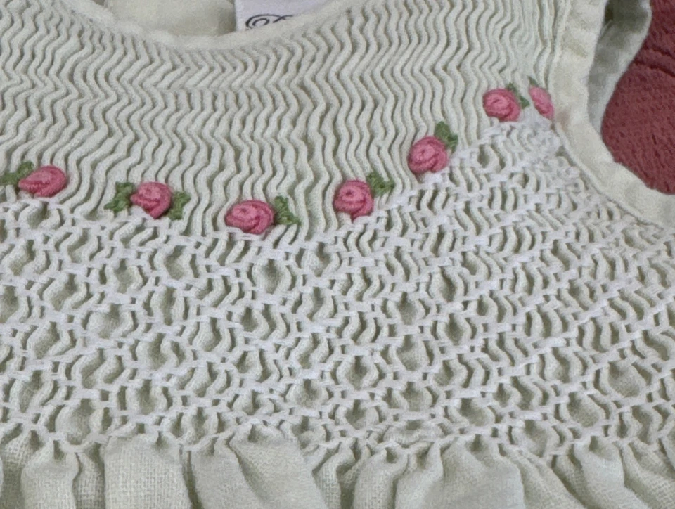 Rare Editions Smocked Rose Dress Size 12m Cottagecore Boho Light Green - Image 1 of 4