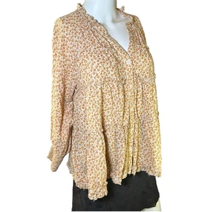 Storia 100% Cotton Beige Orange Ditsy Floral Button-Down Tiered Loose Top S - Picture 1 of 7