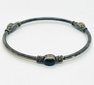 Antique Balinese Sterling Silver Bangle Bracelet w/ Chrysoprase Cabochons - Picture 1 of 8