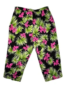 Women Sz 18 Capri Stretch with Classic Fit Black Lg Pink Flowers Green Foliage - Picture 1 of 12