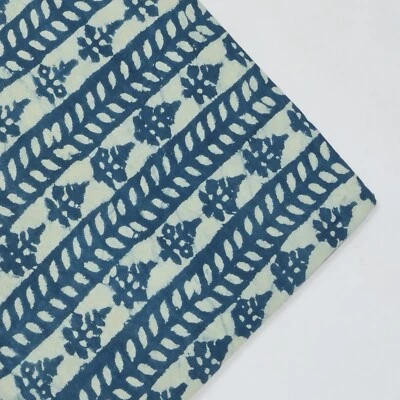 1 Yard Indian Cotton wooden Hand Block Print Blue Floral Beautiful Craft Fabric - Image 1 of 4