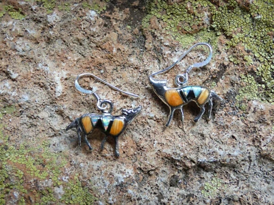 Spiny Oyster Gemstone & Opal Southwestern Sterling Silver Wolf Dog Earrings Z83 - Image 1 of 4