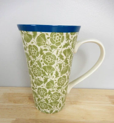 Cynthia Rowley Coffee Mug Cup Tall Ceramic Green Floral with Blue Rim 16 oz - Image 1 of 4