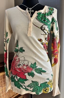 Nueva Camisa Mujer Damisela Y2K Koi Pájaro Resistente Look Botón Manga Larga L Grande Foto 1 de 3