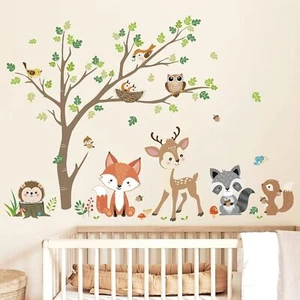 Woodland Animals Tree Wall Stickers Fox Deer Owl Wall Decals Baby Nursery Kids B - Picture 1 of 2