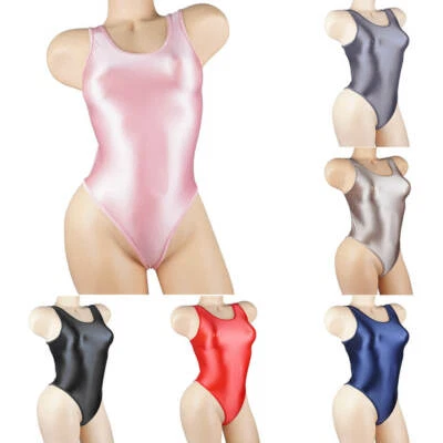Women Sexy Wetlook Jumpsuit Shiny Satin Tank Top Thong Leotard Bodysuit Swimwear - Image 1 of 4
