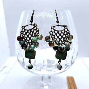 Handmade chandelier earrings bronze tone agates Czech glass - Picture 1 of 2
