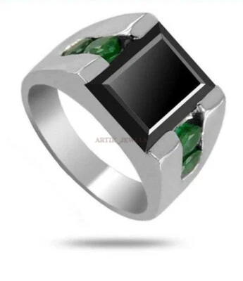 Natural Black & Green Onyx with 14K White Gold Plated Silver Men's Ring #1099 - Image 1 of 4