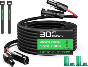 30FT Twin Wire Solar Panel Extension Cable, 10 10AWG 30FT, Black and Red - Picture 1 of 8