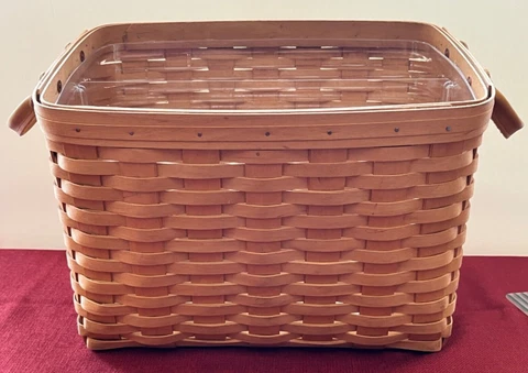Longaberger Magazine Newspaper Basket Leather Handles with Protector and Divider Cover