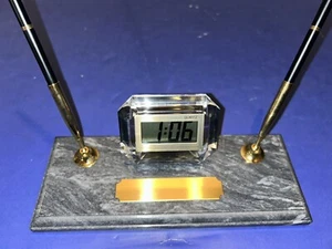 Marble Deluxe Desk Set Top LCD Clock & Two Fountain Pen Set / Engravable Plaque - Picture 1 of 4