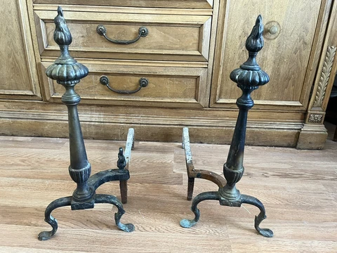 2 Vintage Paw Foot ANDIRONS With FLAME TIP FINIALS 19” For Fireplace Cover