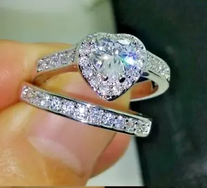 2CT Heart Cut Moissanite Bridal Set Engagement Wedding Ring14K White Gold Plated - Picture 1 of 8