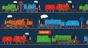 All Aboard with Thomas and Friends Train Line Navy Cotton Panel Fabric - Picture 1 of 2