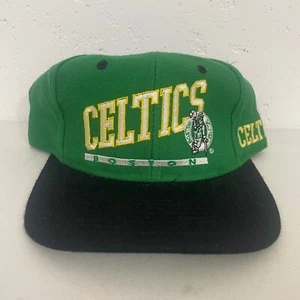 VTG AJD Boston Celtics Snapback Hat Cap Green Black Logo Spellout NBA Mens - Picture 1 of 7