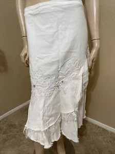 Women’s White Denim Cotton Casual Beaded Embroidered Boho Size S(4-6) Skirt 3262 - Picture 1 of 12