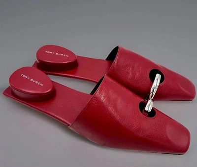 TORY BURCH MULA PERFURADA PRATA TORY COURO VERMELHO TAMANHO EUA 9 NOVO NA CAIXA FERIADO *ESGOTADO* - Imagem 1 de 4