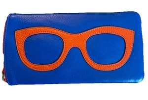 ILI Genuine Leather Eyeglass Case With Frame Graphic In Cobalt/Orange - Picture 1 of 2